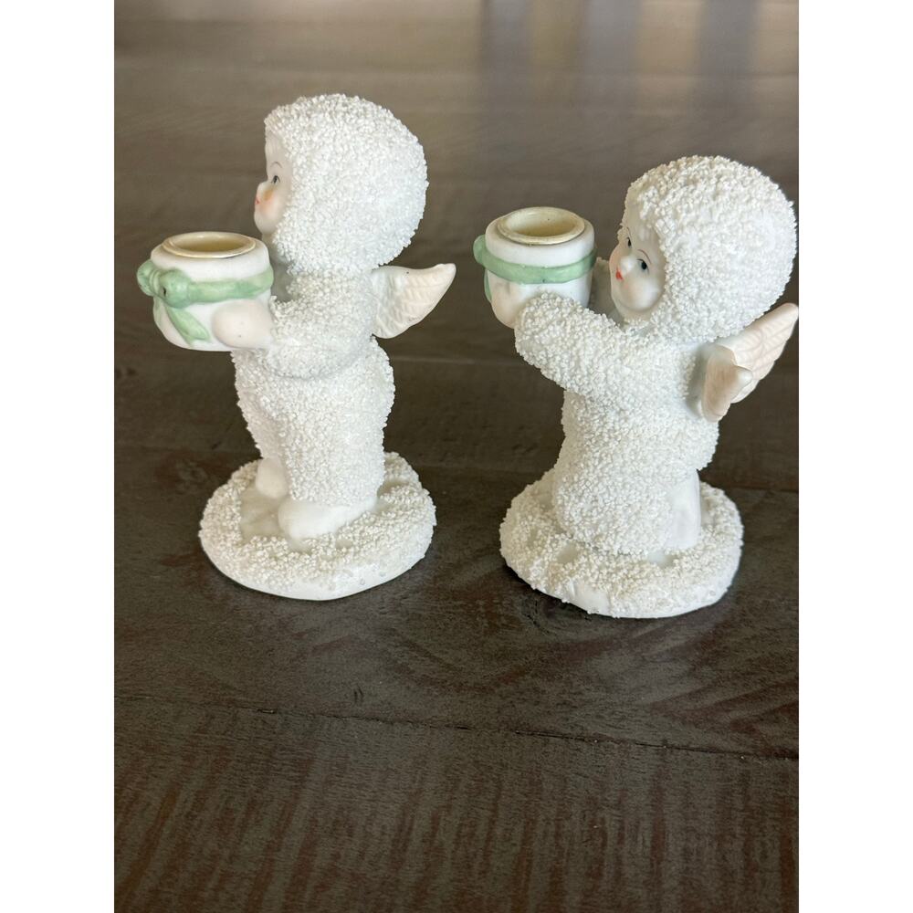Pair of Nobel Ball Snow Baby Angel Candle Holders 4” Tall Figurines Set of 2